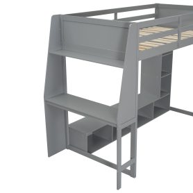 Wood Twin Size Gaming Loft Bed with Desk, Multi-storage Shelves, LED and a Hanging Clothes Rack