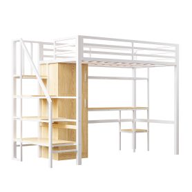 Metal Twin Loft Bed With Desk, Shelf, Wardrobe and Storage Staircase