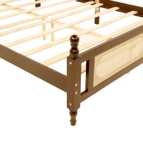 Queen Pine Wooden Bed With Rattan Headboard And Footboard, With Central Enhanced Bed Platform 21 Queen Pine Wooden Bed With Rattan Headboard And Footboard, With Central Enhanced Bed Platform