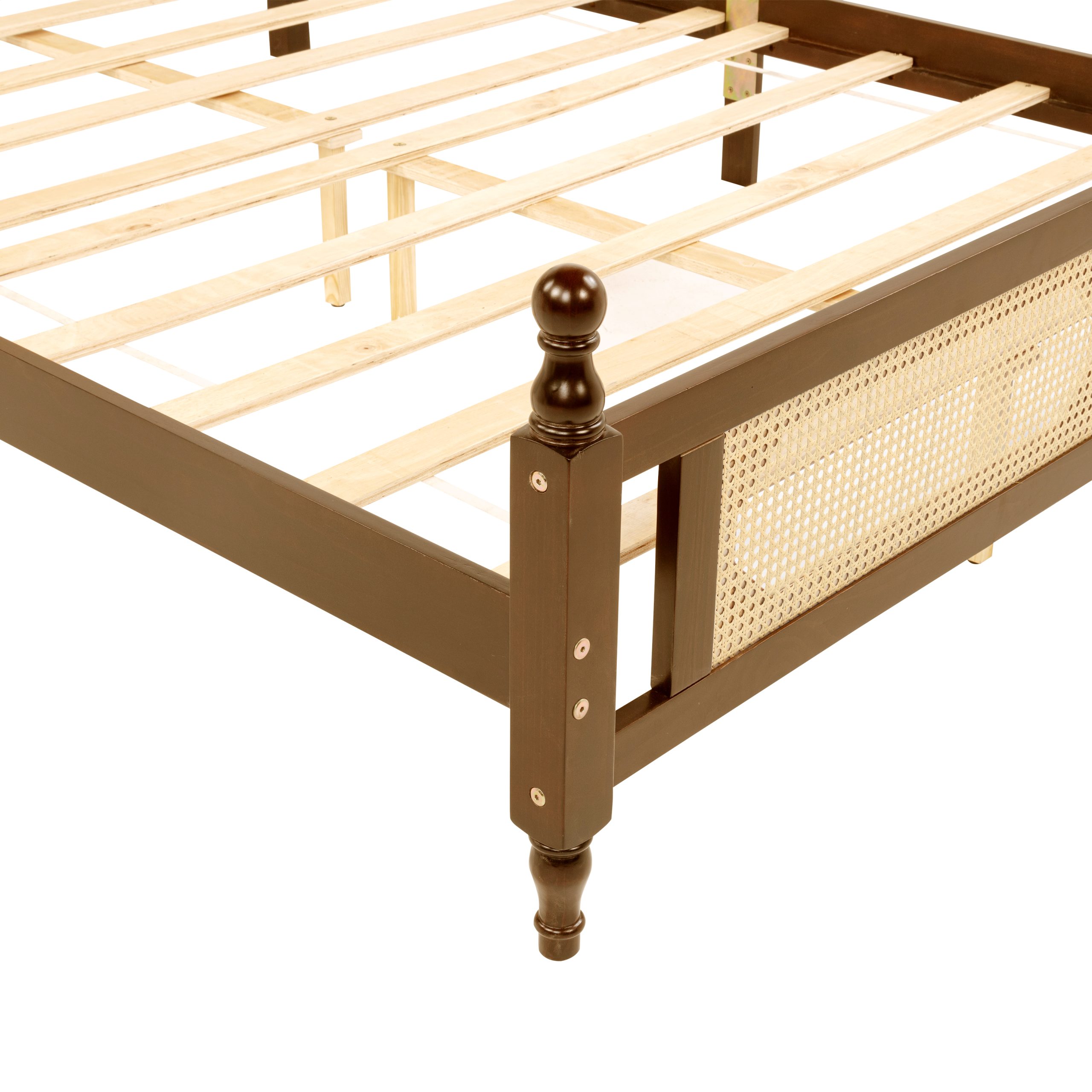 Queen Pine Wooden Bed With Rattan Headboard And Footboard, With Central Enhanced Bed Platform 5 Queen Pine Wooden Bed With Rattan Headboard And Footboard, With Central Enhanced Bed Platform