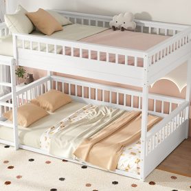 Wooden Queen Over Queen Bunk Bed With Ladder And Guardrails