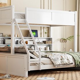 Twin XL over Queen Bunk Bed with Storage Cabinets and USB Ports