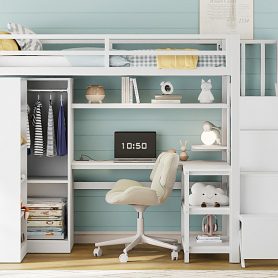 Metal Twin Loft Bed With Desk, Usb Ports, 5-layer Shelf,  Wardrobe And Stepped Stairs