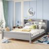 Full Pine Wood Bed with Bookcase Headboard ,LED Motion Sensor Light, Bed Guardrails