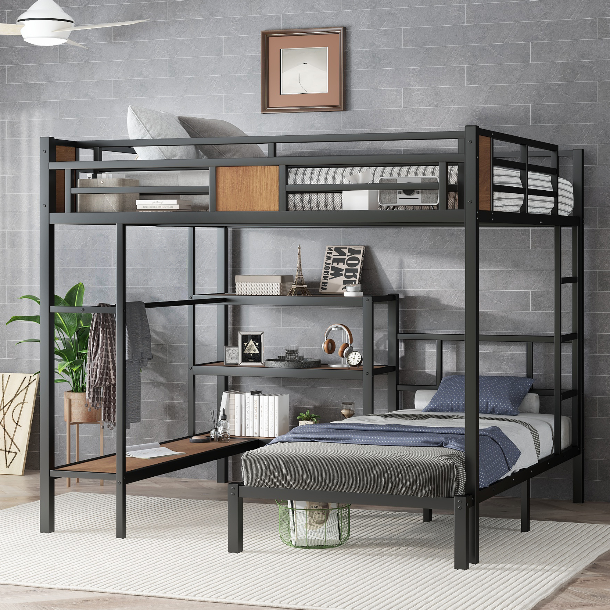 Queen Over Twin Bunk Bed With Storage Area On Upper Bed, Lower Bed With Hangers And Shelves
