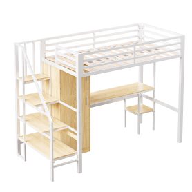 Metal Twin Loft Bed With Desk, Shelf, Wardrobe and Storage Staircase