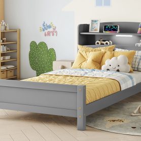 Twin Pine Wood Bed With Bookcase Headboard , LED Light and Guardrails