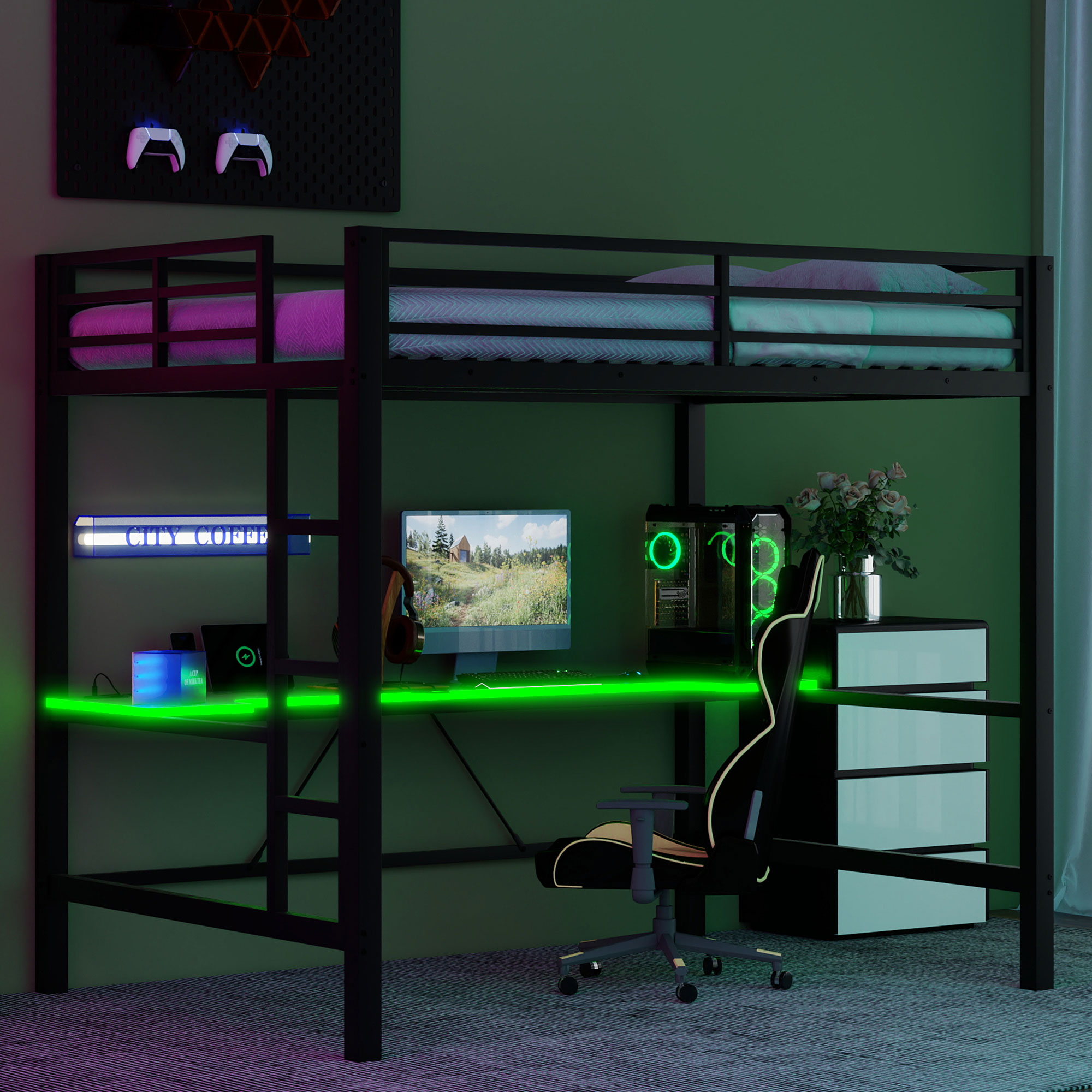 Full Size Gaming Metal Loft Bed Frame with LED Light and Desk
