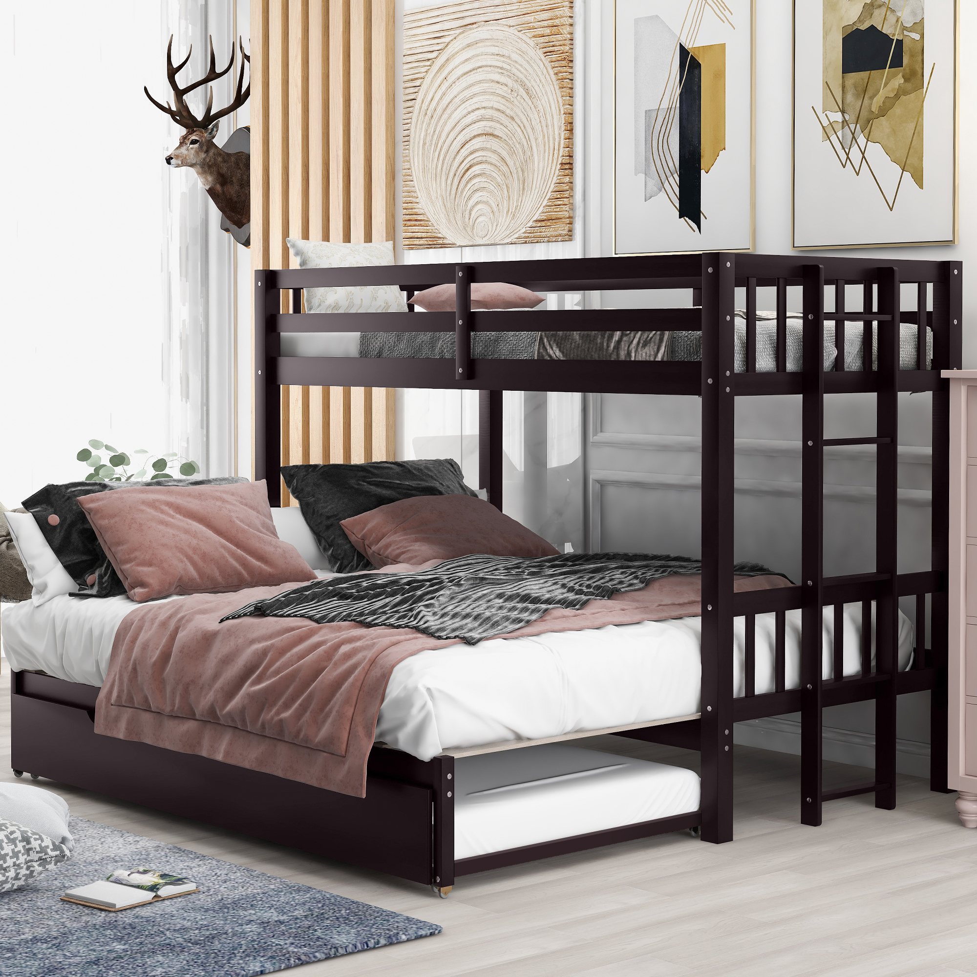 Wooden Twin over Pull-out Bunk Bed with Trundle