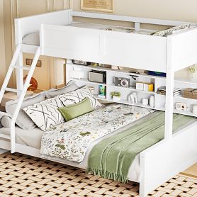 Twin XL over Queen Bunk Bed with Storage Cabinets and USB Ports