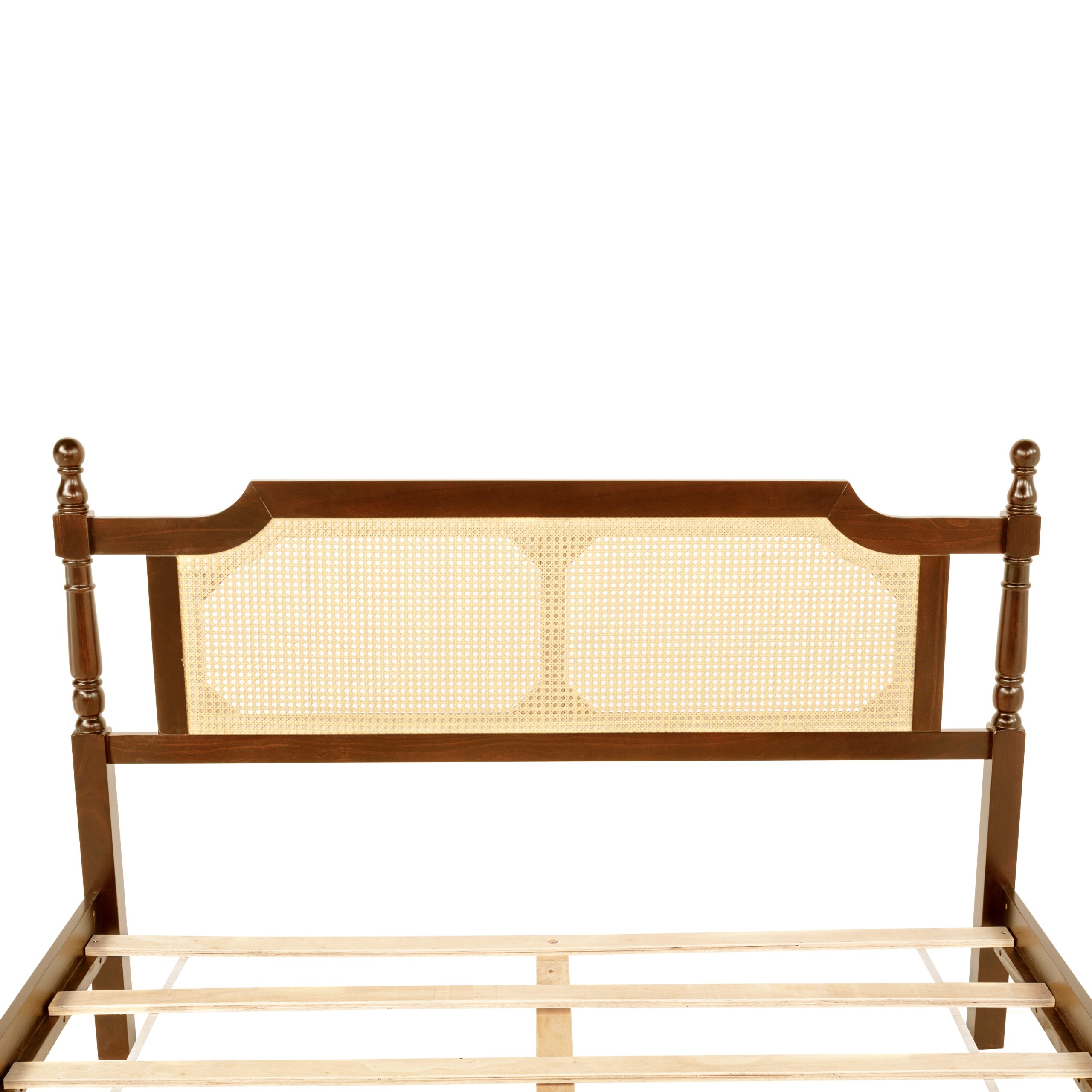 Queen Pine Wooden Bed With Rattan Headboard And Footboard, With Central Enhanced Bed Platform 14 Queen Pine Wooden Bed With Rattan Headboard And Footboard, With Central Enhanced Bed Platform
