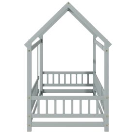 Twin Size House Floor Wooden Bed With Roof Frame, Safety Guardrails