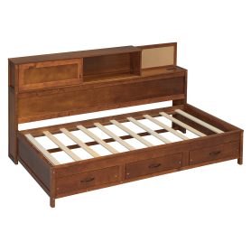 Wooden Twin Size Daybed with 3 Storage Drawers, Upper Soft Board, Shelf, and a Set of Sockets and USB Ports