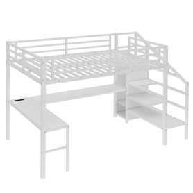 Metal Queen Size High Loft Bed with L-shaped Desk, USB, Wardrobe and Adjustable Shelf