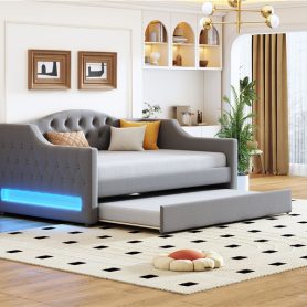 Upholstered Full XL Size Daybed with LED Belt and Trundle