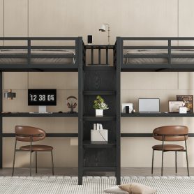 Twin Over Twin Metal Loft Bed with Double Desk, Wardrobe, Shelves and Electrical Outlet