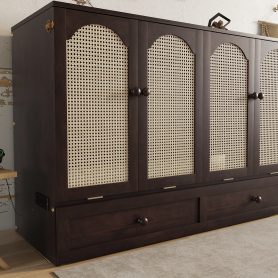 Queen Size Murphy Bed with Power Station and Rattan Panel