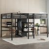 Twin Over Twin Metal Loft Bed with Double Desk, Wardrobe, Shelves and Electrical Outlet