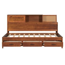 Wooden Twin Size Daybed with 3 Storage Drawers, Upper Soft Board, Shelf, and a Set of Sockets and USB Ports