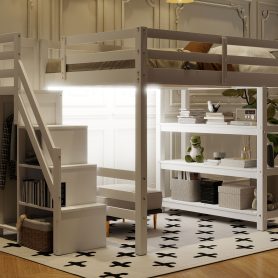 Full Size Loft Bed with Shelves, Storage Staircase, Wardrobe and LED Light