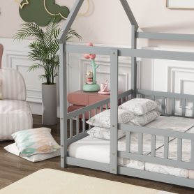 Full Size House Floor Wooden Bed With Roof Frame, Safety Guardrails