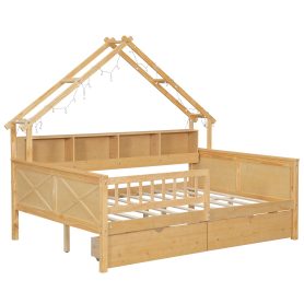 Wood Full Size House Platform Beds With Led, Storage Shelves, Drawers And Guardrail 37 Wood Full Size House Platform Beds With Led, Storage Shelves, Drawers And Guardrail