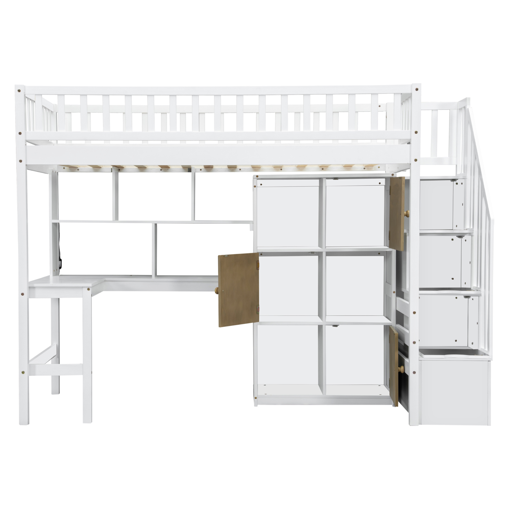 Wood Twin Size Loft Bed with Built-in Desk, LED, Storage Shelves, Cabinets and Staircase 14 Wood Twin Size Loft Bed with Built-in Desk, LED, Storage Shelves, Cabinets and Staircase