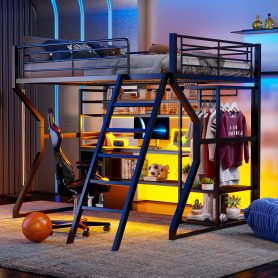 Full Size Metal Gaming Loft Bed with Built-in Work Station, Open Wardrobe, LED and Multiple Storage 24 Full Size Metal Gaming Loft Bed with Built-in Work Station, Open Wardrobe, LED and Multiple Storage