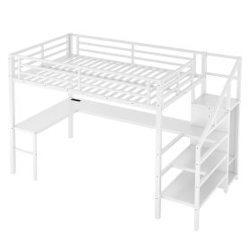 Metal Full Size Loft Bed With L-Shaped Desk, USB, Wardrobe And Adjustable Shelf