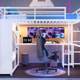 Metal Queen Size Loft Bed Frame With Built-in Wardrobe, Desk And Storage Shelves
