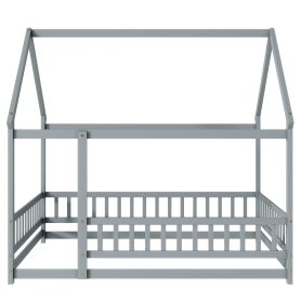 Full Size House Floor Wooden Bed With Roof Frame, Safety Guardrails