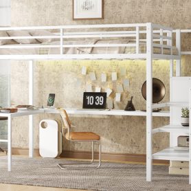 Metal Full Size Loft Bed With L-Shaped Desk, USB, Wardrobe And Adjustable Shelf