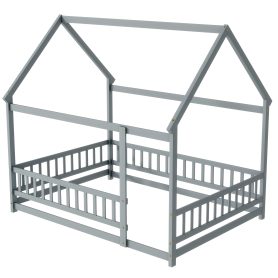 Full Size House Floor Wooden Bed With Roof Frame, Safety Guardrails