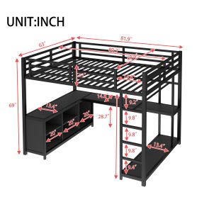 Queen Size Loft Bed with Wardrobe, L-shaped Desk, Storage Cubes and Shelves