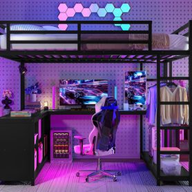 Queen Size Loft Bed with Wardrobe, L-shaped Desk, Storage Cubes and Shelves