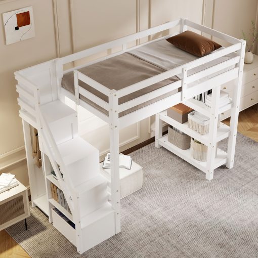 Twin Size Loft Bed with Shelves, Storage Staircase, Wardrobe and LED Light