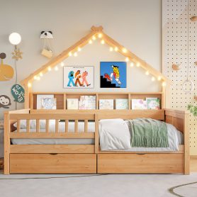 Wood Full Size House Platform Beds With Led, Storage Shelves, Drawers And Guardrail
