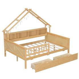 Wood Full Size House Platform Beds With Led, Storage Shelves, Drawers And Guardrail 34 Wood Full Size House Platform Beds With Led, Storage Shelves, Drawers And Guardrail