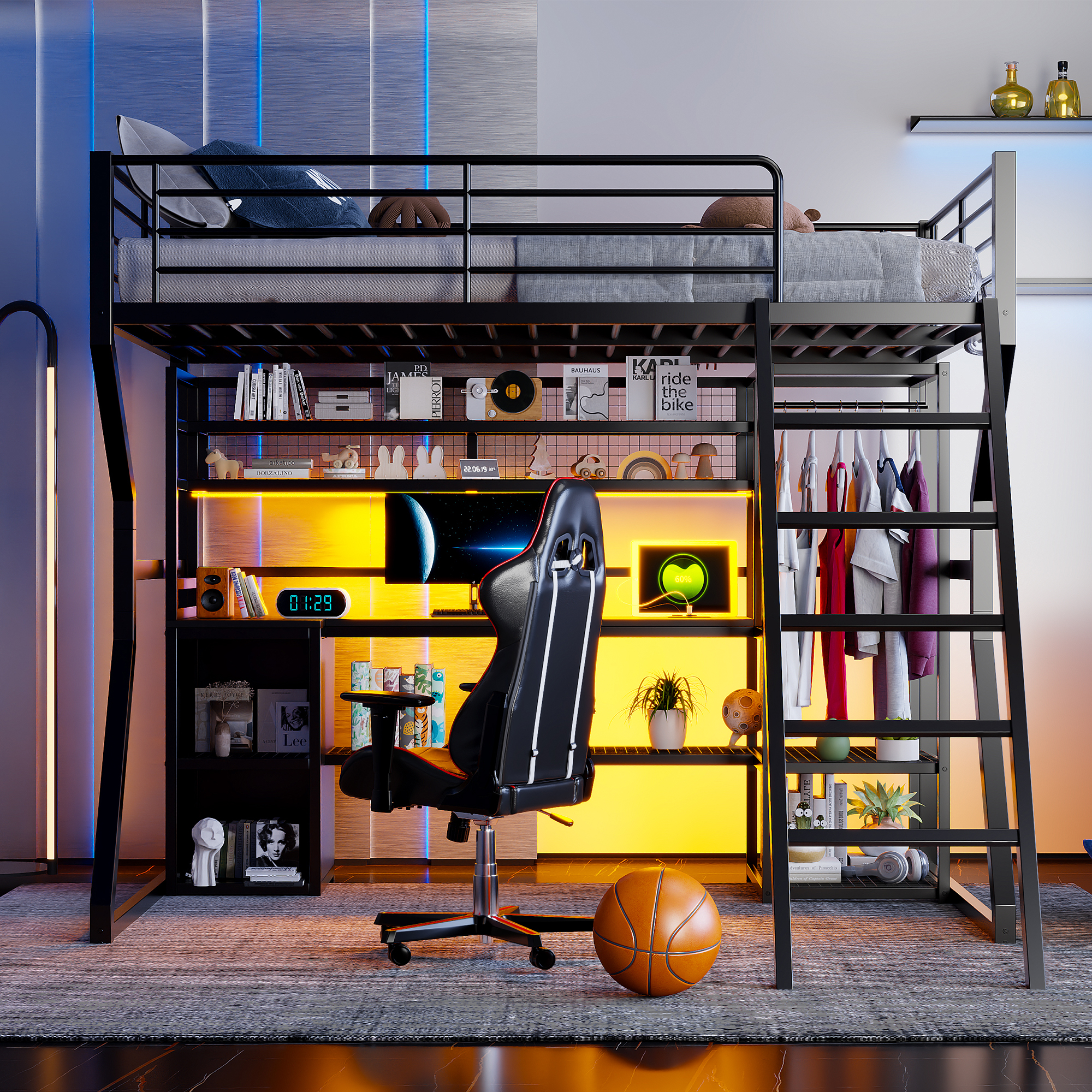 Full Size Metal Gaming Loft Bed with Built-in Work Station, Open Wardrobe, LED and Multiple Storage 6 Full Size Metal Gaming Loft Bed with Built-in Work Station, Open Wardrobe, LED and Multiple Storage