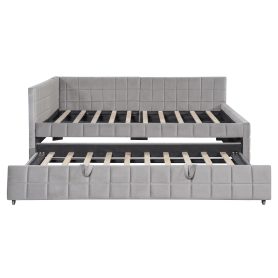 Full Size L-Shaped Upholstered Daybed with Twin Size Pop Up Trundle and USB ports