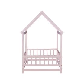 Wooden Twin Size House Floor Bed With Roof Frame, Safety Guardrails