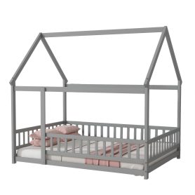 Full Size House Floor Wooden Bed With Roof Frame, Safety Guardrails