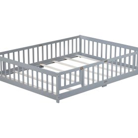 Rubber Wood Queen Size Floor Bed with Fence, Door and Safety Guardrails
