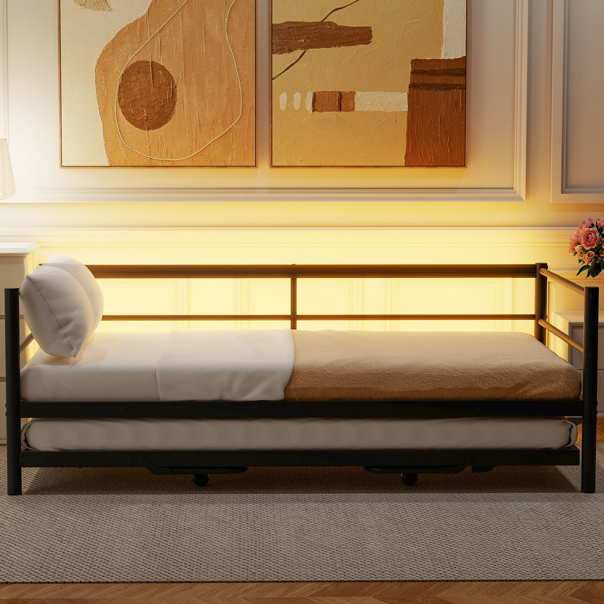 Twin Size Metal Daybed with LED and Adjustable Trundle 5 Twin Size Metal Daybed with LED and Adjustable Trundle