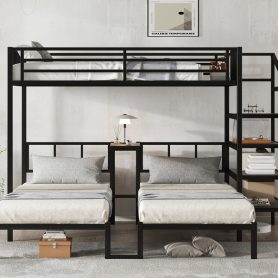 Twin XL over Twin & Twin Bunk Bed Metal Triple Bunk Bed with Desk & Shelves