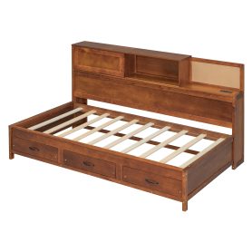 Wooden Twin Size Daybed with 3 Storage Drawers, Upper Soft Board, Shelf, and a Set of Sockets and USB Ports