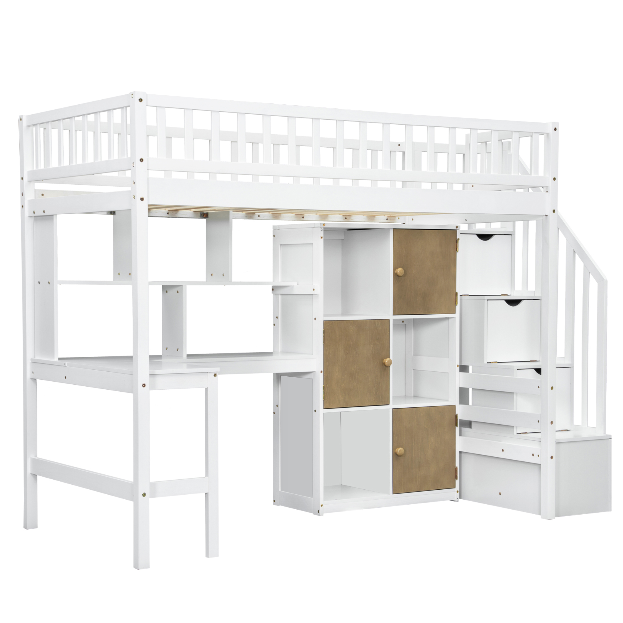 Wood Twin Size Loft Bed with Built-in Desk, LED, Storage Shelves, Cabinets and Staircase 16 Wood Twin Size Loft Bed with Built-in Desk, LED, Storage Shelves, Cabinets and Staircase