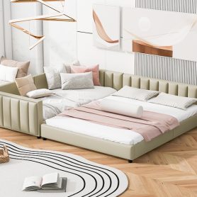 Queen Size & Twin XL Size Upholstered Platform Bed, Mother & Child Bed, PU Leather