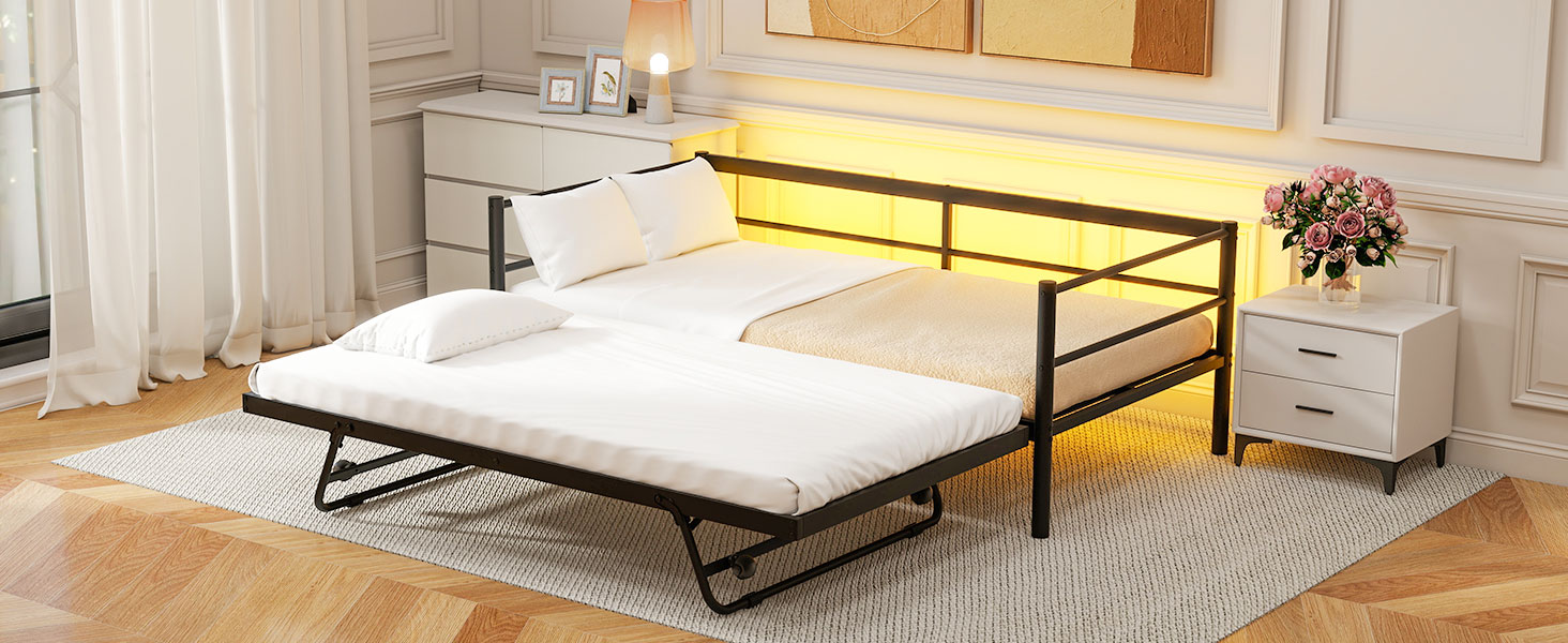 Twin Size Metal Daybed with LED and Adjustable Trundle 9 Twin Size Metal Daybed with LED and Adjustable Trundle