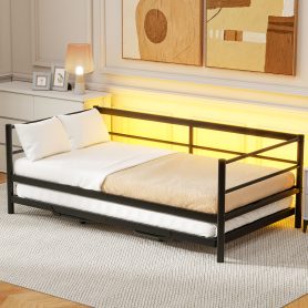 Twin Size Metal Daybed with LED and Adjustable Trundle